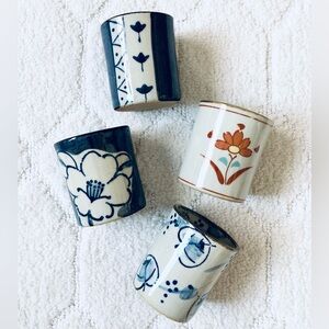 Vintage Sake Tea Cups Japanese Glazed Pottery Set of 4 floral Design